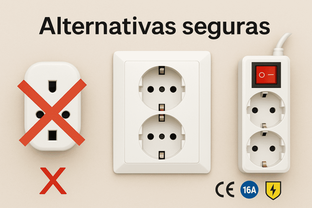 Infografía “Alternativas seguras”: a la izquierda un adaptador universal tachado con X roja; al centro una base doble Schuko; a la derecha una regleta con interruptor y símbolos de seguridad (CE, 16A).