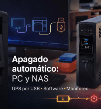 UPS CyberPower 1500 VA con pantalla LCD, conectado por USB para apagado automático de PC y NAS.