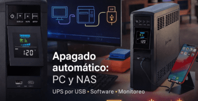 UPS CyberPower 1500 VA con pantalla LCD, conectado por USB para apagado automático de PC y NAS.