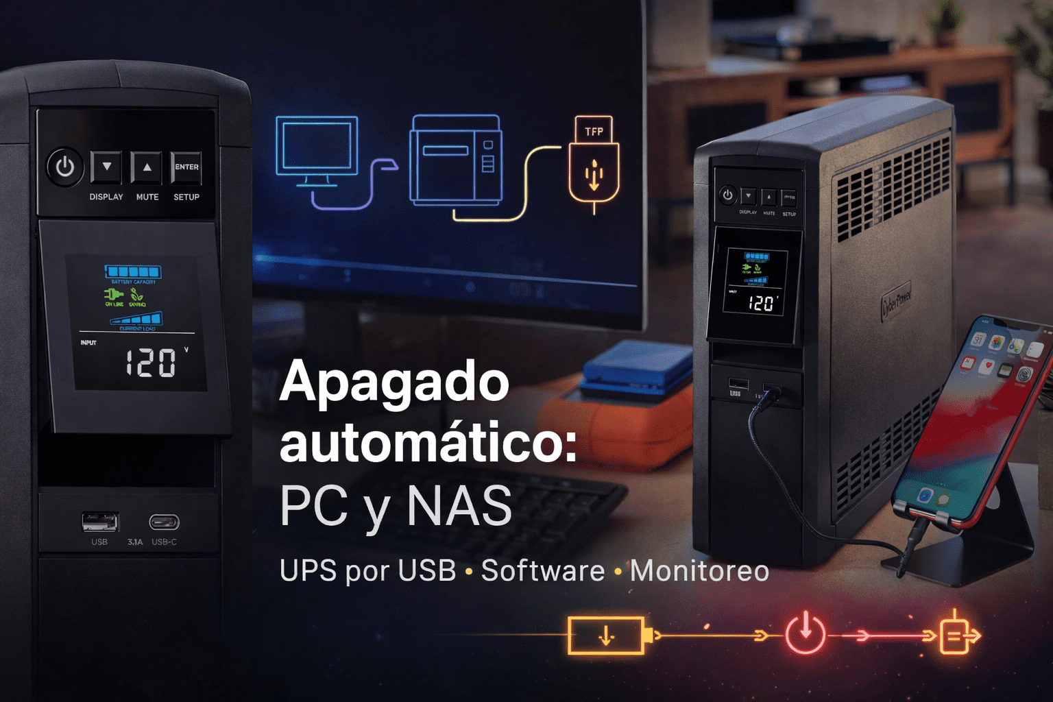 UPS CyberPower 1500 VA con pantalla LCD, conectado por USB para apagado automático de PC y NAS.