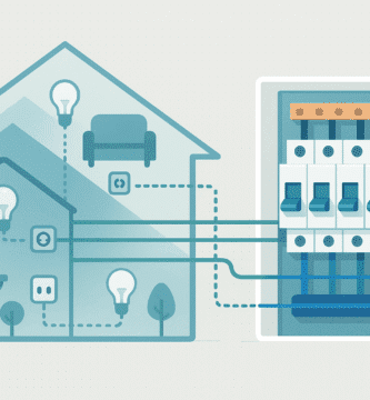 Esquema de vivienda con tablero eléctrico y circuitos repartidos por zonas (iluminación, tomas y dedicados) para evitar sobrecargas.