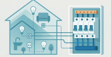 Esquema de vivienda con tablero eléctrico y circuitos repartidos por zonas (iluminación, tomas y dedicados) para evitar sobrecargas.
