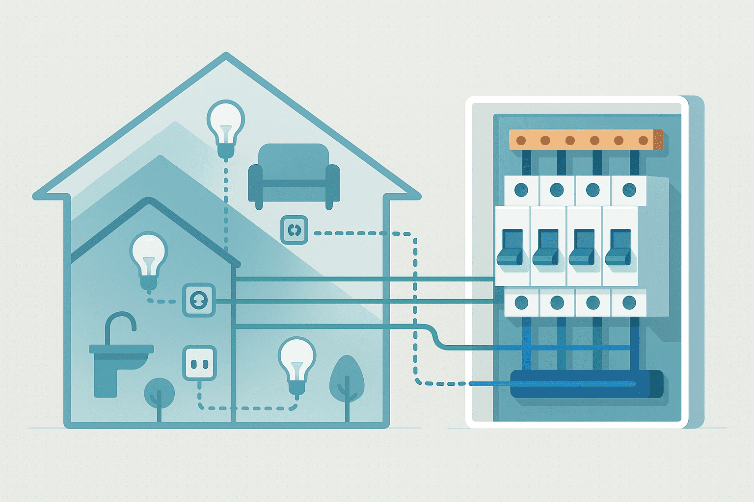 Esquema de vivienda con tablero eléctrico y circuitos repartidos por zonas (iluminación, tomas y dedicados) para evitar sobrecargas.