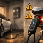 Coche eléctrico cargando en garaje con EVSE portátil conectado a enchufe Schuko; pantalla a 8 A, luz verde en el puerto y termómetro IR marcando 27,3 °C.