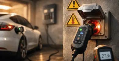 Coche eléctrico cargando en garaje con EVSE portátil conectado a enchufe Schuko; pantalla a 8 A, luz verde en el puerto y termómetro IR marcando 27,3 °C.