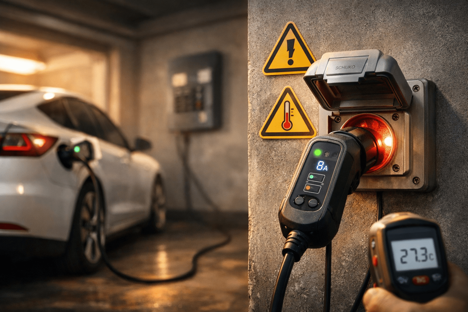 Coche eléctrico cargando en garaje con EVSE portátil conectado a enchufe Schuko; pantalla a 8 A, luz verde en el puerto y termómetro IR marcando 27,3 °C.