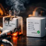 Cargador falso sobrecalentado con humo y chispas junto a cargador certificado con etiqueta técnica; comparación para identificar copias y evitar riesgos.