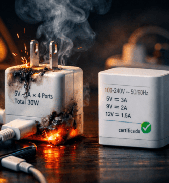 Cargador falso sobrecalentado con humo y chispas junto a cargador certificado con etiqueta técnica; comparación para identificar copias y evitar riesgos.