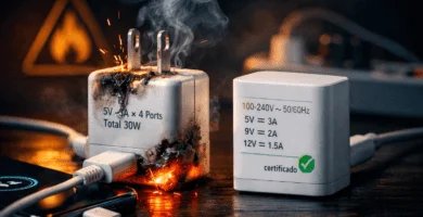 Cargador falso sobrecalentado con humo y chispas junto a cargador certificado con etiqueta técnica; comparación para identificar copias y evitar riesgos.