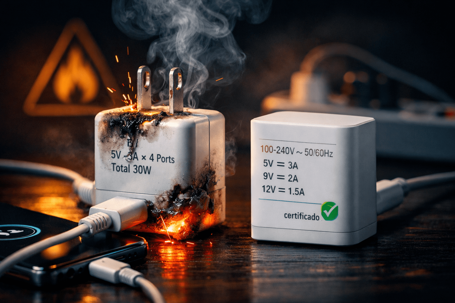 Cargador falso sobrecalentado con humo y chispas junto a cargador certificado con etiqueta técnica; comparación para identificar copias y evitar riesgos.