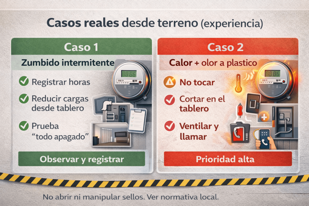 Infografía en dos paneles con casos reales de medidor: zumbido intermitente (observar y registrar) y calor + olor a plástico (prioridad alta: no tocar, cortar en el tablero, ventilar y llamar).