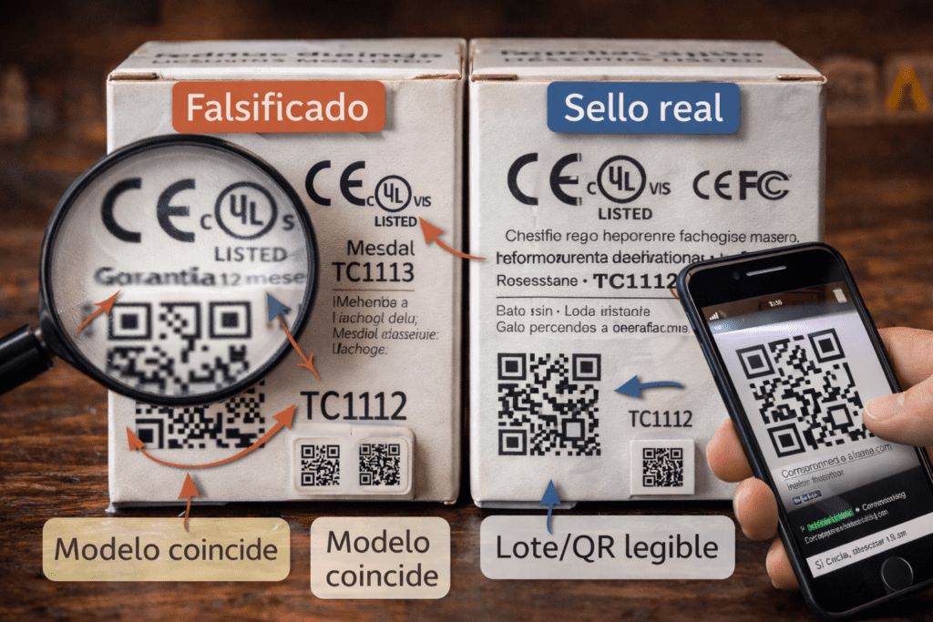 Comparación de sellos CE/UL y códigos QR: etiqueta falsa borrosa frente a etiqueta real nítida y QR legible.