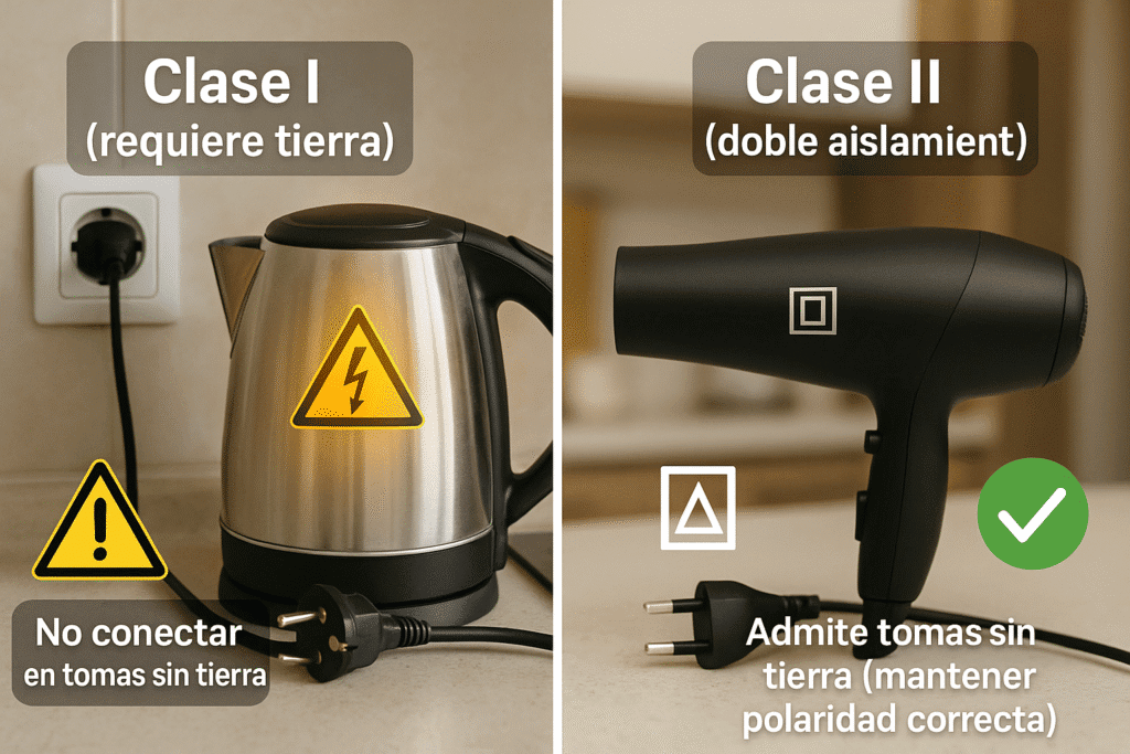 Fotografía comparativa: a la izquierda, hervidor de acero (Clase I) con enchufe Schuko y aviso de riesgo; a la derecha, secador plástico (Clase II, doble aislamiento) con símbolo de doble cuadrado y marca de apto para tomas sin tierra.