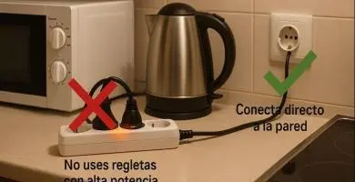 Cocina con microondas y hervidor: regleta marcada con X y toma de pared con ✓, indicando conectar equipos de alta potencia directo.