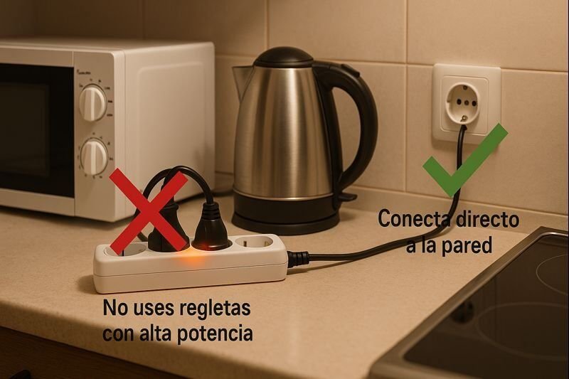 Cocina con microondas y hervidor: regleta marcada con X y toma de pared con ✓, indicando conectar equipos de alta potencia directo.