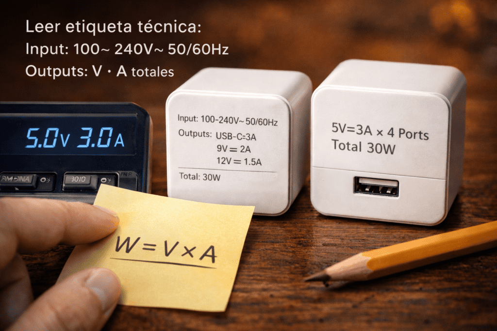 Primer plano de etiquetas con Input 100–240V y salidas por puerto, medidor mostrando 5.0V/3.0A y nota W=V×A.
