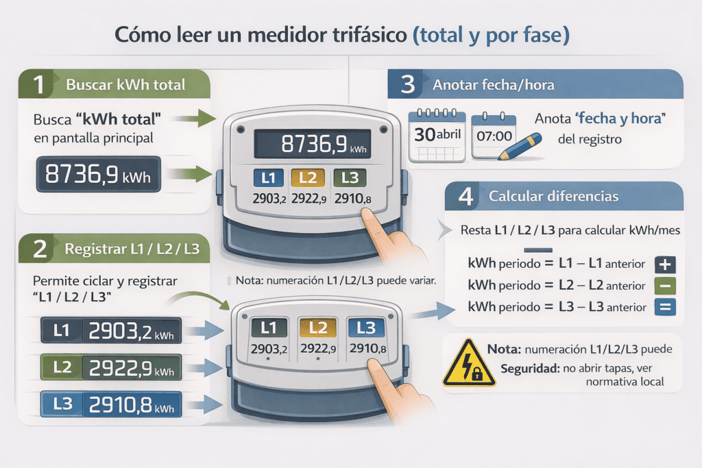 Infografía que muestra lectura de medidor trifásico: kWh total y lecturas por fase L1, L2 y L3 con ejemplo de cálculo mensual.