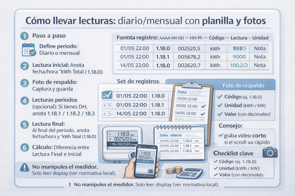 Infografía horizontal con checklist para registrar lecturas: foto del display, anotar 1.18.0 kWh (y 1.18.1/2/3 si hay DH), registrar fecha/hora y calcular la diferencia en una planilla.