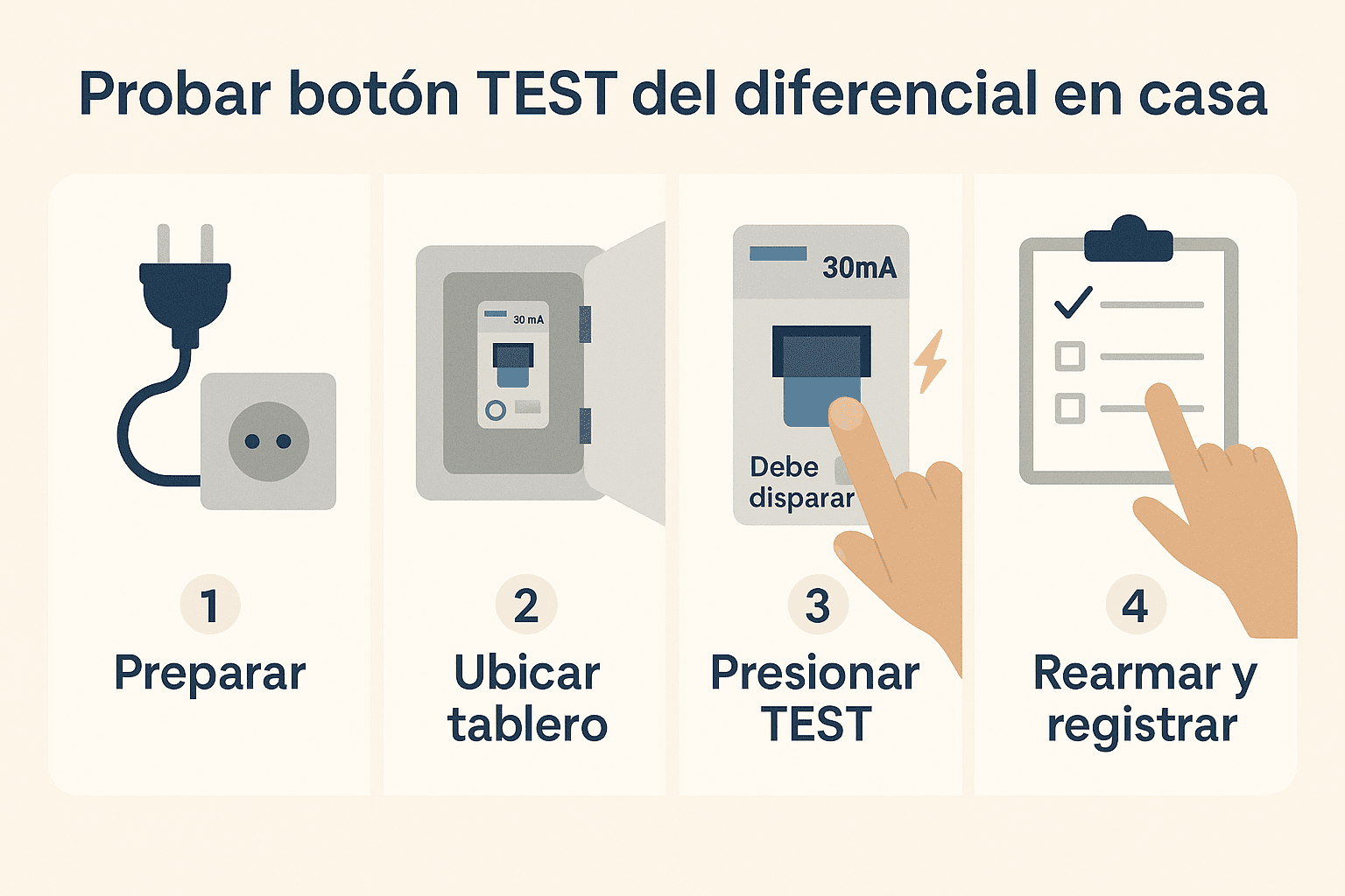 Infografía en 4 pasos: preparar, ubicar el tablero, presionar TEST del diferencial 30 mA, rearmar y registrar.