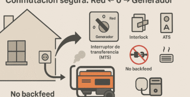 Diagrama de conmutación segura entre red y generador doméstico: casa con inlet exterior, generador portátil y opciones MTS, interlock y ATS; mensaje “No backfeed”.