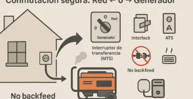 Diagrama de conmutación segura entre red y generador doméstico: casa con inlet exterior, generador portátil y opciones MTS, interlock y ATS; mensaje “No backfeed”.