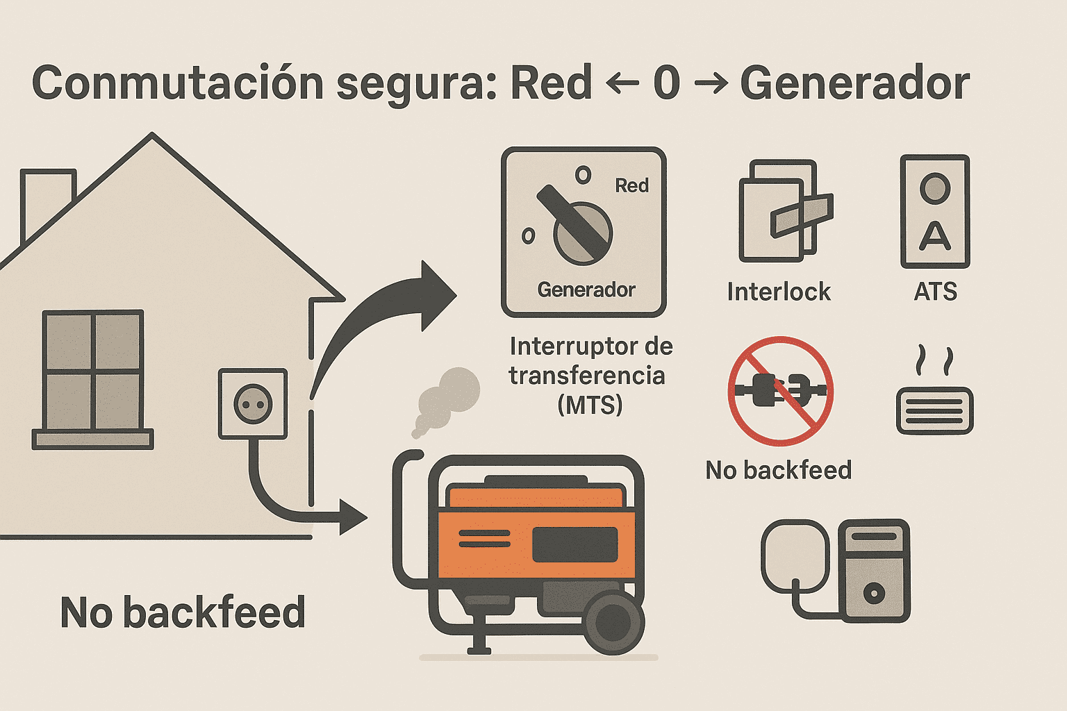 Diagrama de conmutación segura entre red y generador doméstico: casa con inlet exterior, generador portátil y opciones MTS, interlock y ATS; mensaje “No backfeed”.