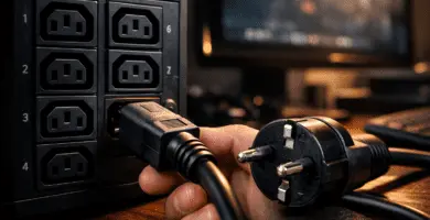 Conexiones en UPS: mano conectando ficha C14 a toma C13, con clavija schuko en primer plano sobre escritorio.