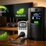 UPS doméstico con pantalla LCD en escritorio y medidor de enchufe mostrando watts; concepto de consumo en reposo y modo eco.