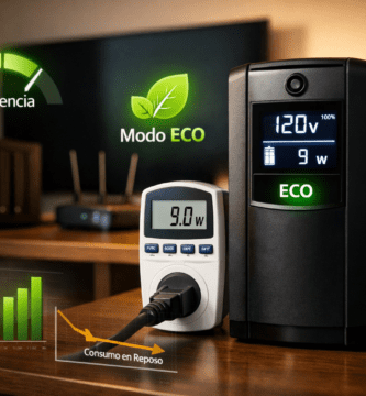 UPS doméstico con pantalla LCD en escritorio y medidor de enchufe mostrando watts; concepto de consumo en reposo y modo eco.