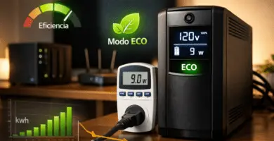 UPS doméstico con pantalla LCD en escritorio y medidor de enchufe mostrando watts; concepto de consumo en reposo y modo eco.