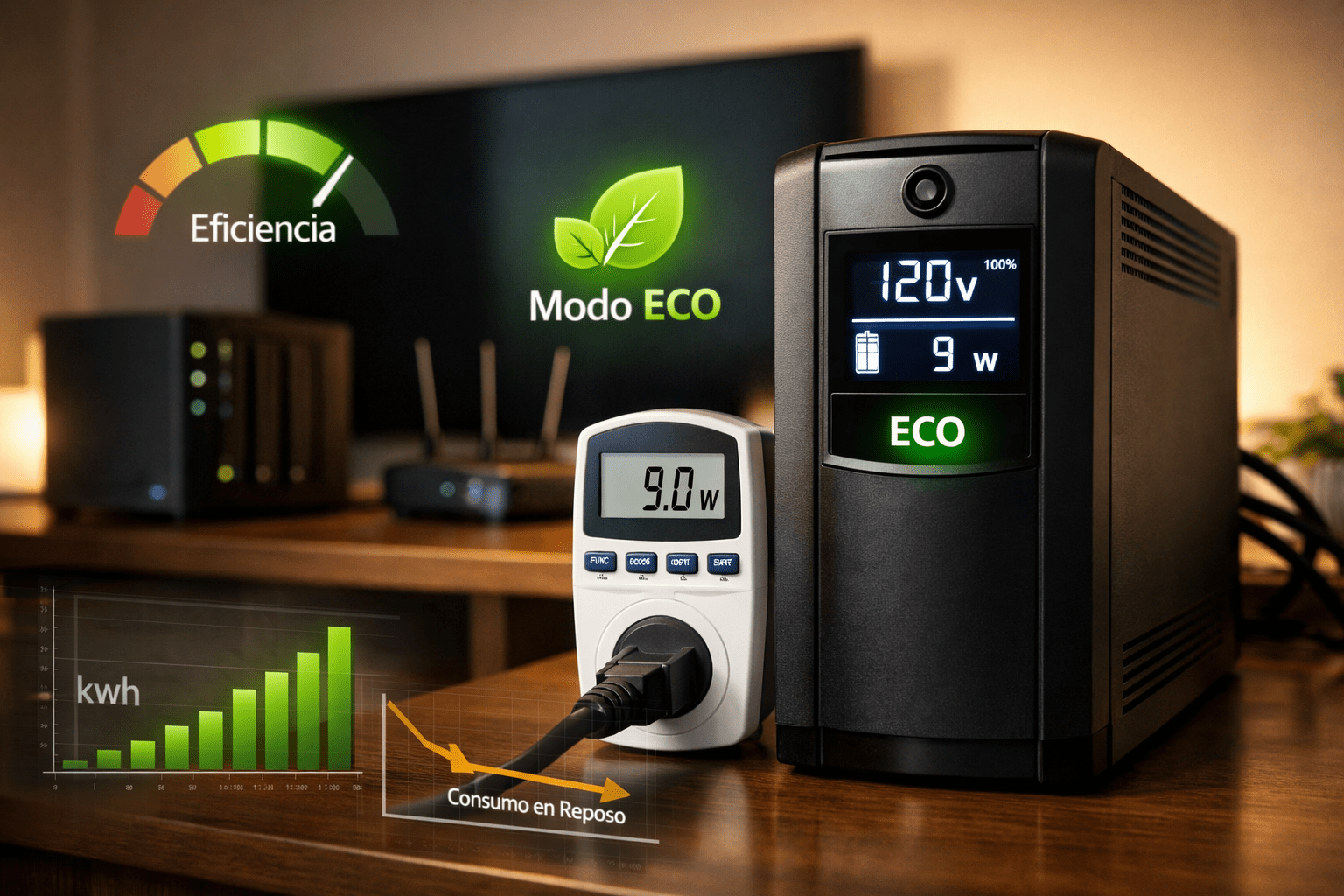 UPS doméstico con pantalla LCD en escritorio y medidor de enchufe mostrando watts; concepto de consumo en reposo y modo eco.