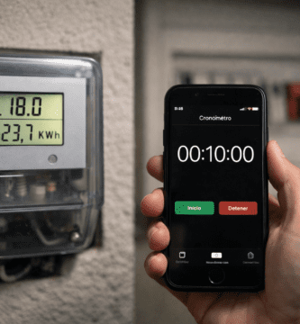 Foto de un medidor digital con pantalla LCD (código 1.18.0 en kWh) mientras una mano sostiene un teléfono con cronómetro; al fondo se aprecia el interruptor general en posición OFF.