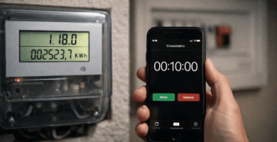 Foto de un medidor digital con pantalla LCD (código 1.18.0 en kWh) mientras una mano sostiene un teléfono con cronómetro; al fondo se aprecia el interruptor general en posición OFF.