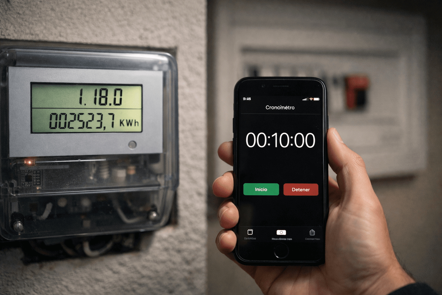 Foto de un medidor digital con pantalla LCD (código 1.18.0 en kWh) mientras una mano sostiene un teléfono con cronómetro; al fondo se aprecia el interruptor general en posición OFF.