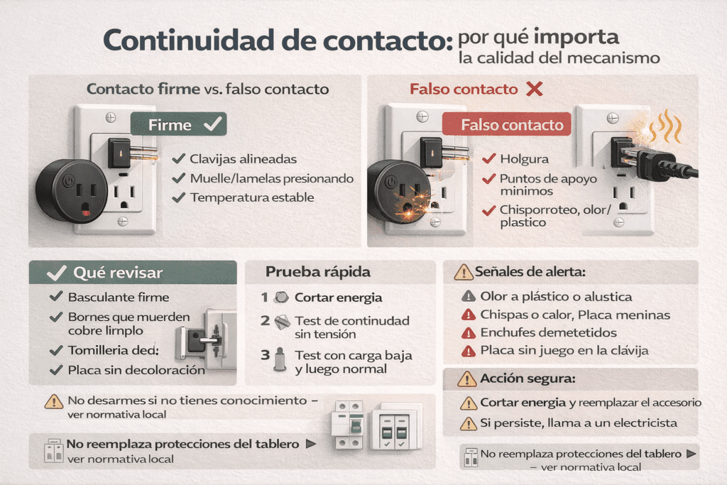 Infografía sobre continuidad de contacto en enchufes: contacto firme vs. falso contacto, señales de calor/chisporroteo y pasos de revisión segura.