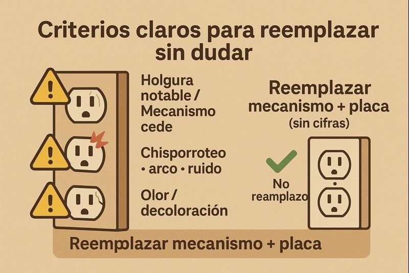 Infografía “Criterios claros para reemplazar sin dudar” con lista de señales (holgura, chisporroteo, olor/decoloración) y recomendación de cambiar mecanismo y placa.
