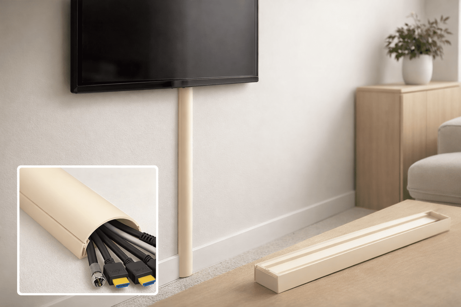 Canaleta D-Line semicircular color crema instalada bajo TV en pared, ocultando cables HDMI, UTP y alimentación; vista de detalle del interior y pieza extra con adhesivo.