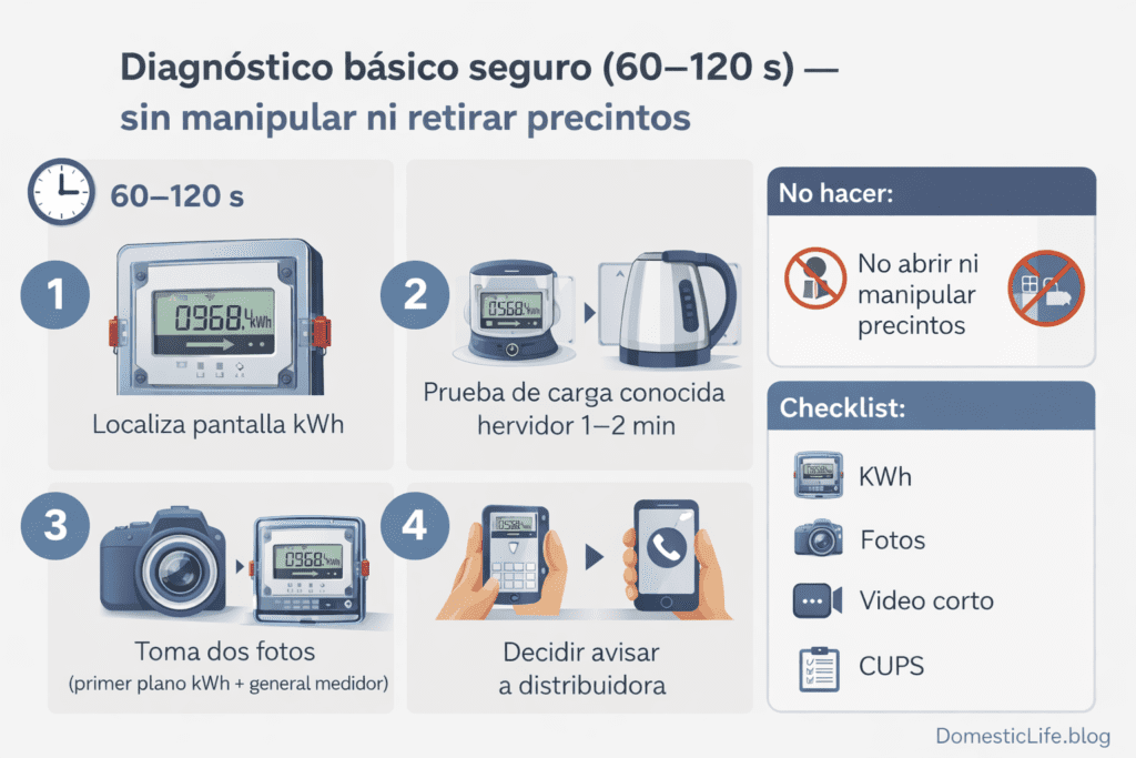 Infografía en español con pasos para revisar un medidor: ver kWh en display, probar con carga 1–2 min, tomar fotos/video y no retirar precintos.