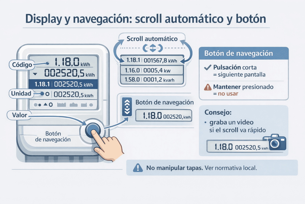 Display y navegación scroll automático y botón de lectura Infografía que explica el scroll automático de pantallas del medidor digital y el uso del botón de navegación con pulsaciones cortas para volver al código deseado.