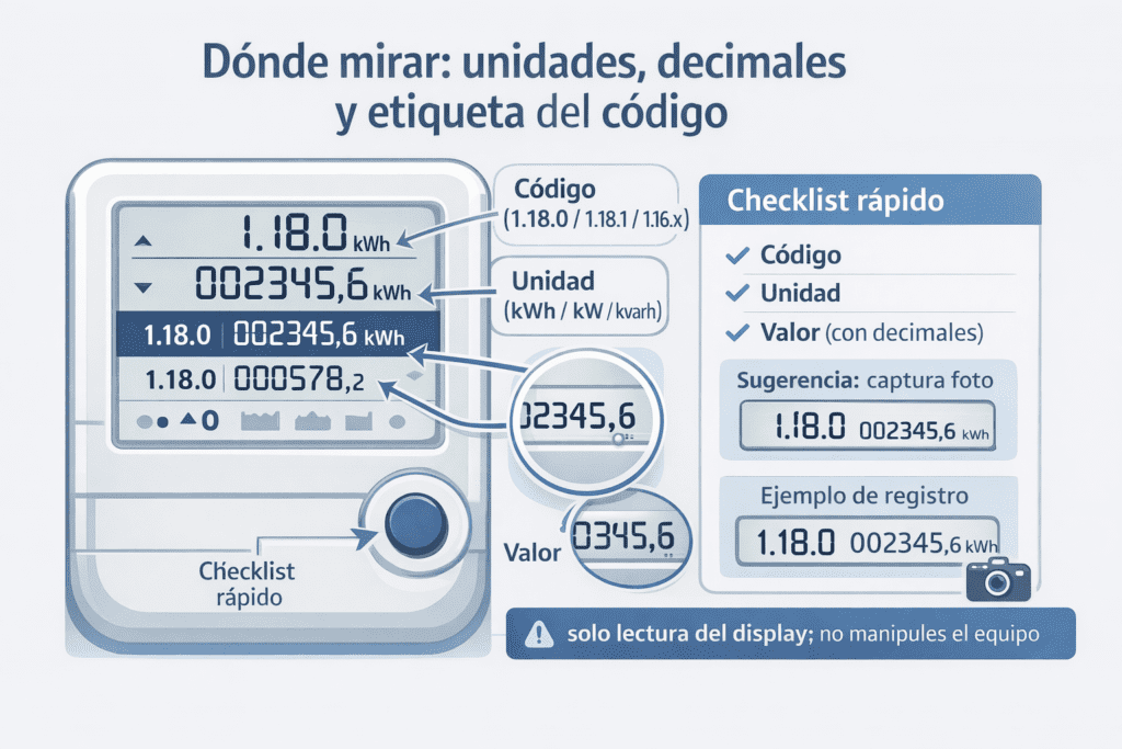 nfografía del display de un medidor digital con zoom a unidad (kWh/kW/kvarh), decimales y etiqueta del código (ej. 1.18.0), indicando exactamente dónde leer cada elemento.