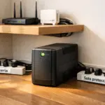 UPS doméstico sobre piso de madera, con regletas etiquetadas “Batería” y “Solo protección”, router y ONT en repisa flotante, cables ordenados y espacio de ventilación libre.