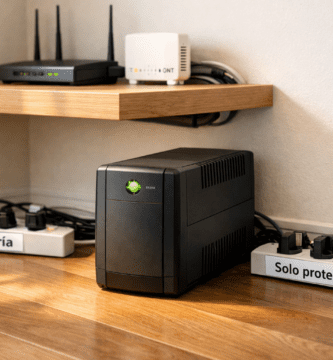 UPS doméstico sobre piso de madera, con regletas etiquetadas “Batería” y “Solo protección”, router y ONT en repisa flotante, cables ordenados y espacio de ventilación libre.