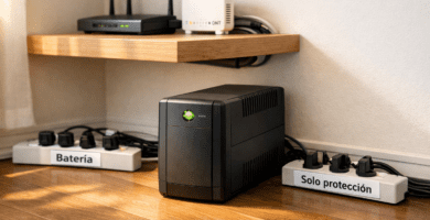 UPS doméstico sobre piso de madera, con regletas etiquetadas “Batería” y “Solo protección”, router y ONT en repisa flotante, cables ordenados y espacio de ventilación libre.