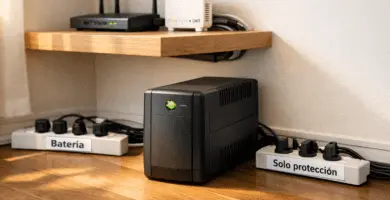 UPS doméstico sobre piso de madera, con regletas etiquetadas “Batería” y “Solo protección”, router y ONT en repisa flotante, cables ordenados y espacio de ventilación libre.
