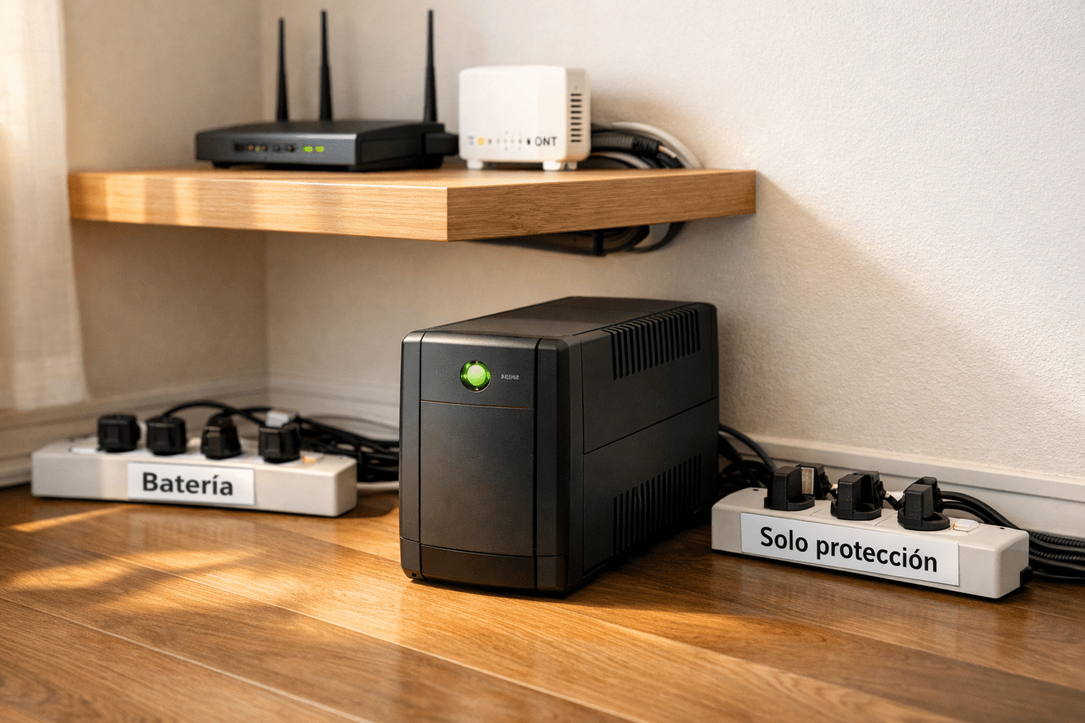 UPS doméstico sobre piso de madera, con regletas etiquetadas “Batería” y “Solo protección”, router y ONT en repisa flotante, cables ordenados y espacio de ventilación libre.