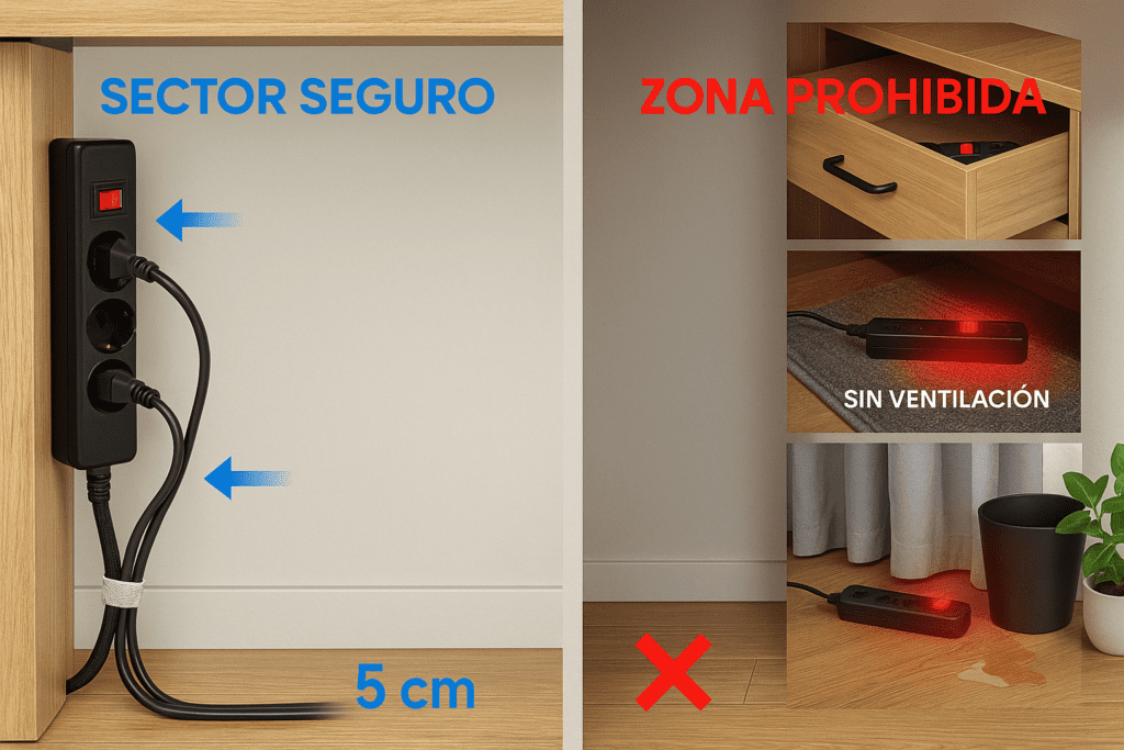 Comparativa bajo escritorio: a la izquierda, regleta montada en vertical con ventilación y cables ordenados (“SECTOR SEGURO”); a la derecha, ejemplos a evitar —dentro de cajón, bajo alfombra y detrás de cortinas con riesgo de humedad— marcados como “ZONA PROHIBIDA”.