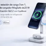Portada promocional de estación de carga magnética ESR 3-en-1 (iPhone + Apple Watch + audífonos), 25 W Qi2.2 con CryoBoost, soporte elevado y ventilación activa.