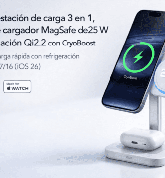 Portada promocional de estación de carga magnética ESR 3-en-1 (iPhone + Apple Watch + audífonos), 25 W Qi2.2 con CryoBoost, soporte elevado y ventilación activa.