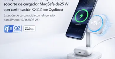 Portada promocional de estación de carga magnética ESR 3-en-1 (iPhone + Apple Watch + audífonos), 25 W Qi2.2 con CryoBoost, soporte elevado y ventilación activa.