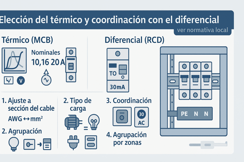 Infografía sobre cómo elegir el interruptor automático (térmico/MCB) y coordinarlo con el diferencial (RCD) en un tablero doméstico.